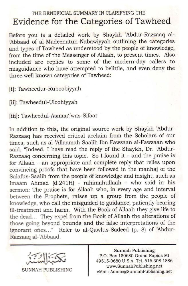 The Beneficial Summary In Clarifying The Evidences For The Categories Of Tawheed