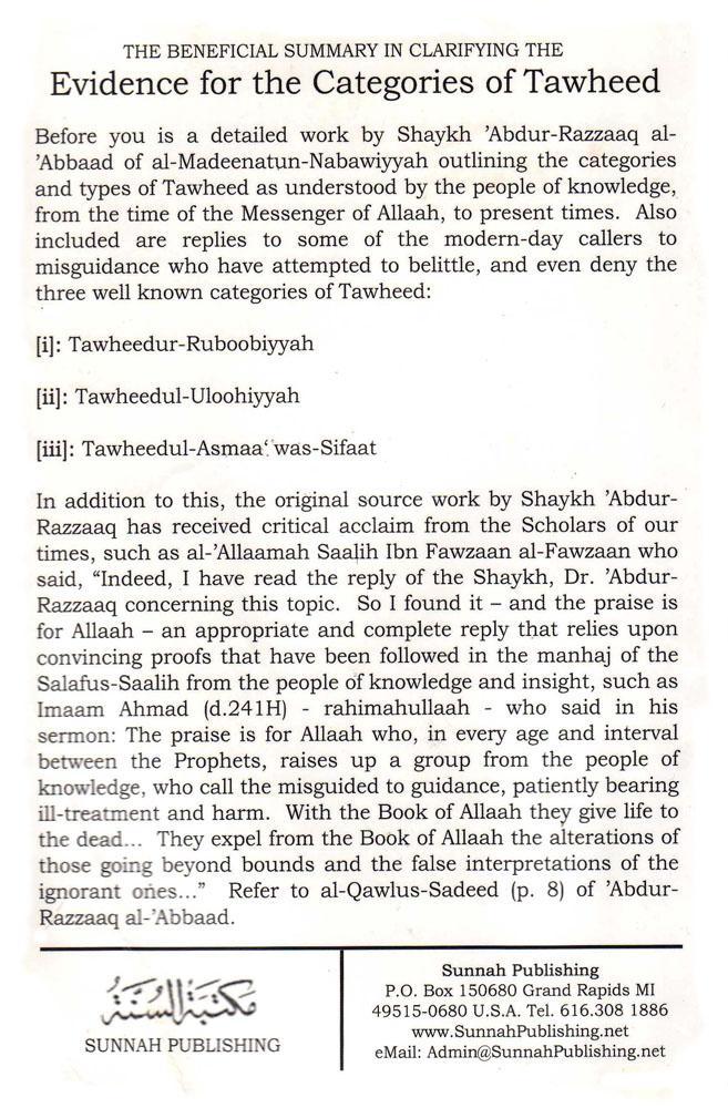 The Beneficial Summary In Clarifying The Evidences For The Categories Of Tawheed